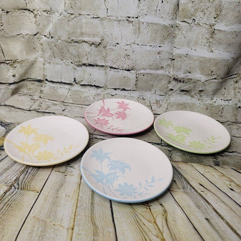 Set of Four Bread Appetizer Floral Plates by Emily Yellow Blue Green Pink Apx 6"